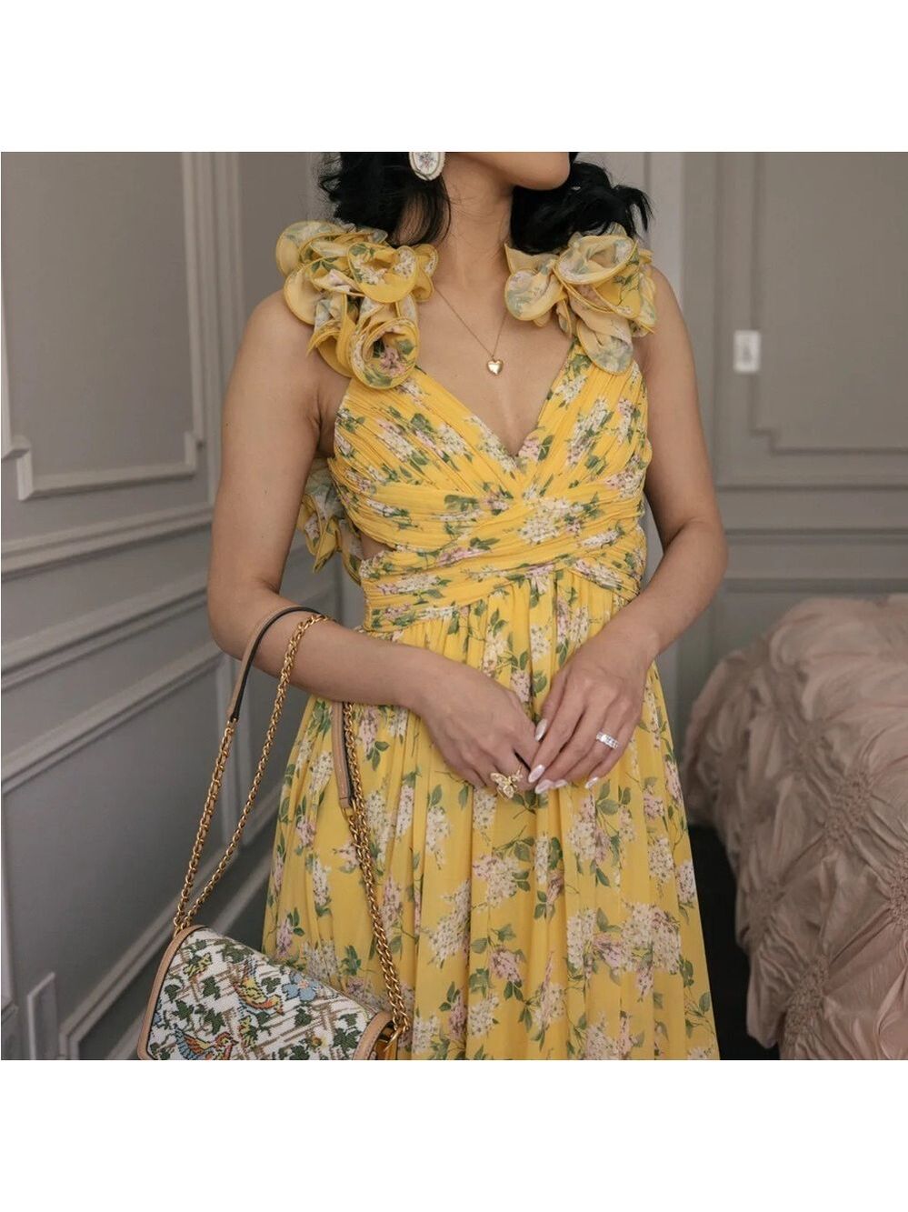 ANTONIO MELANI Yellow Floral Maxi Dress with Rosette Shoulders - Picture 3 of 8